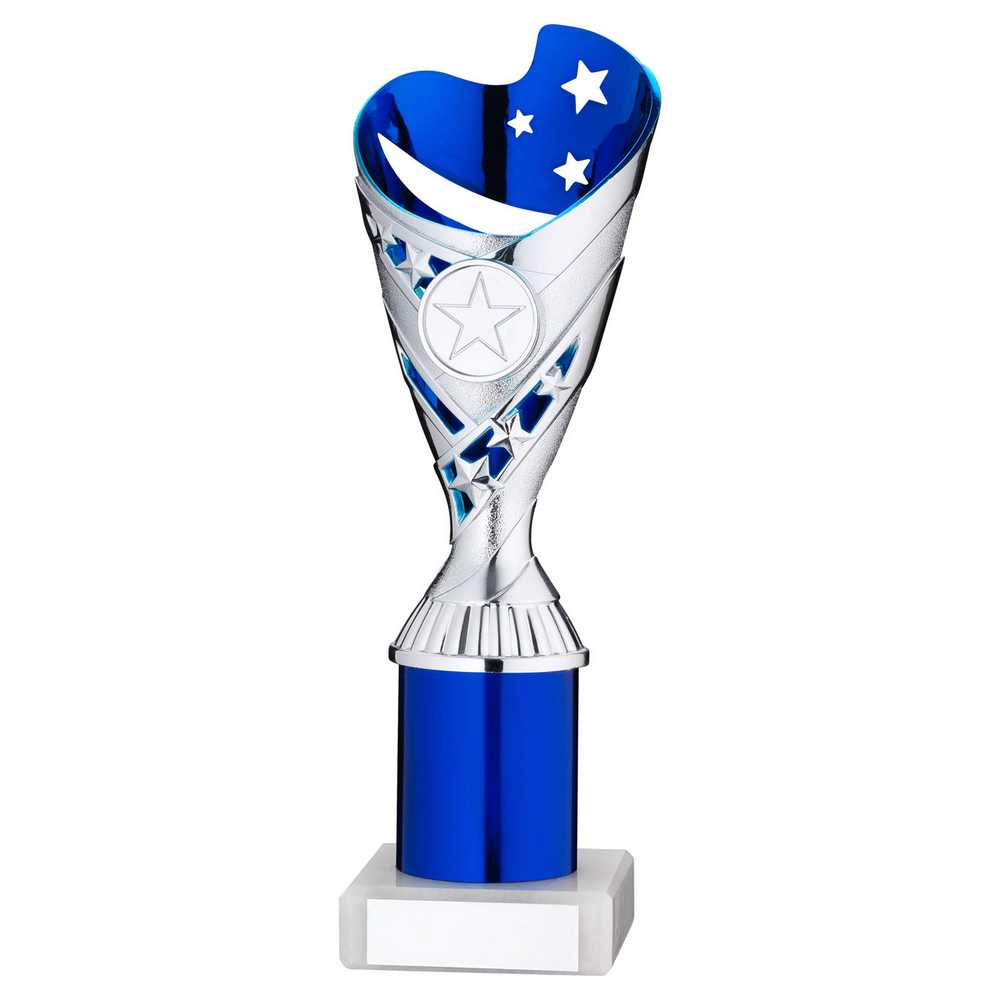 SILVER/BLUE PLASTIC 'SABRE' CUP ASSEMBLED ON MARBLE (1in CEN) - 10in