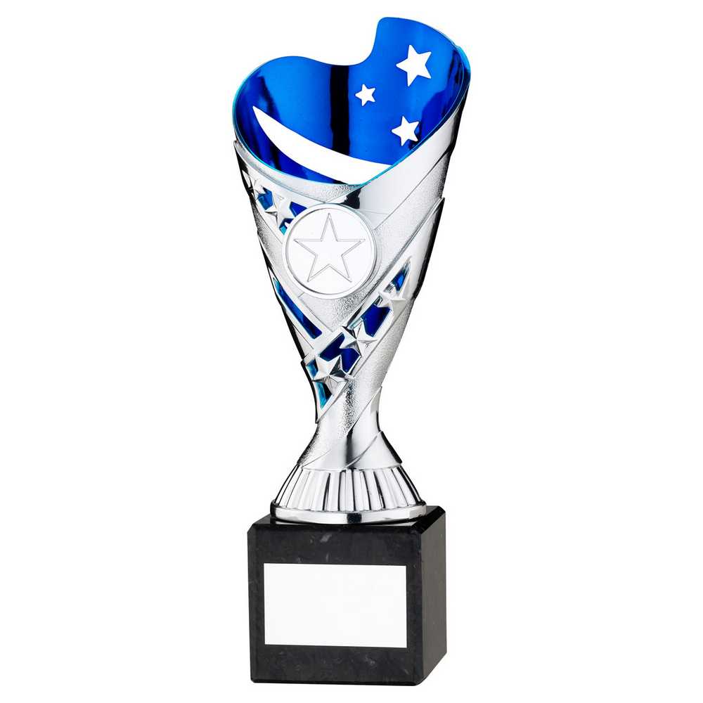 SILVER/BLUE PLASTIC 'SABRE' CUP ON BLK MARBLE ASSEMBLED TROPHY (1" CEN) - 10in