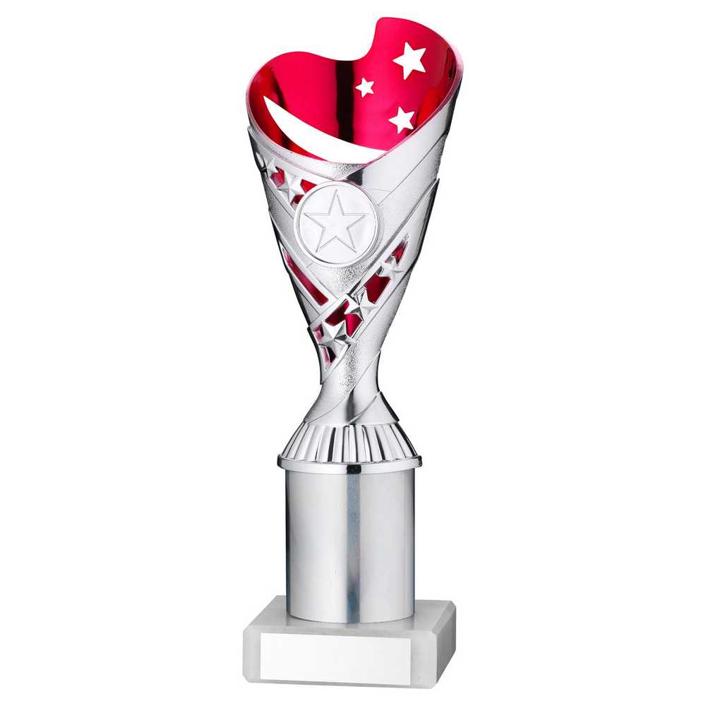 SILVER/PINK PLASTIC 'SABRE' CUP ASSEMBLED ON MARBLE (1in CEN) - 10in