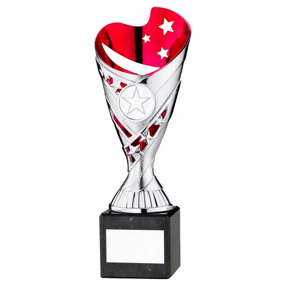SILVER/PINK PLASTIC 'SABRE' CUP ON BLK MARBLE ASSEMBLED TROPHY (1" CEN) - 9in
