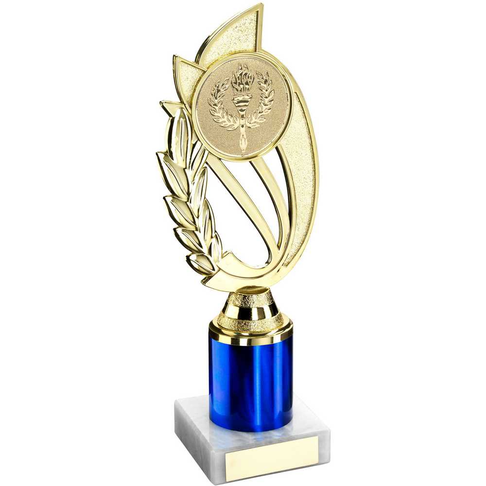 GOLD/BLUE PLASTIC 'LAUREL' HOLDER ASSEMBLED ON MARBLE (2" CEN/1" TUBE) - 8in