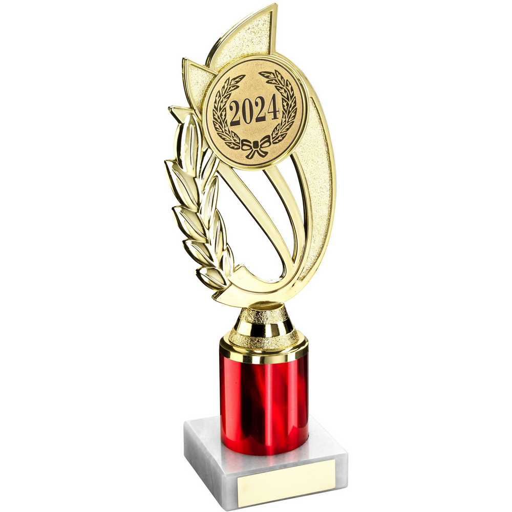 GOLD/RED PLASTIC 'LAUREL' HOLDER ASSEMBLED ON MARBLE (2" CEN/1" TUBE) - 8in