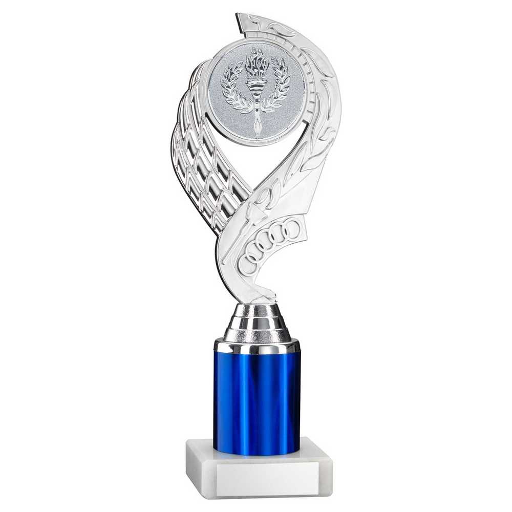 SILVER/BLUE 'OLYMPIC' HOLDER ASSEMBLED ON MARBLE (2" CEN/3" TUBE) - 10in