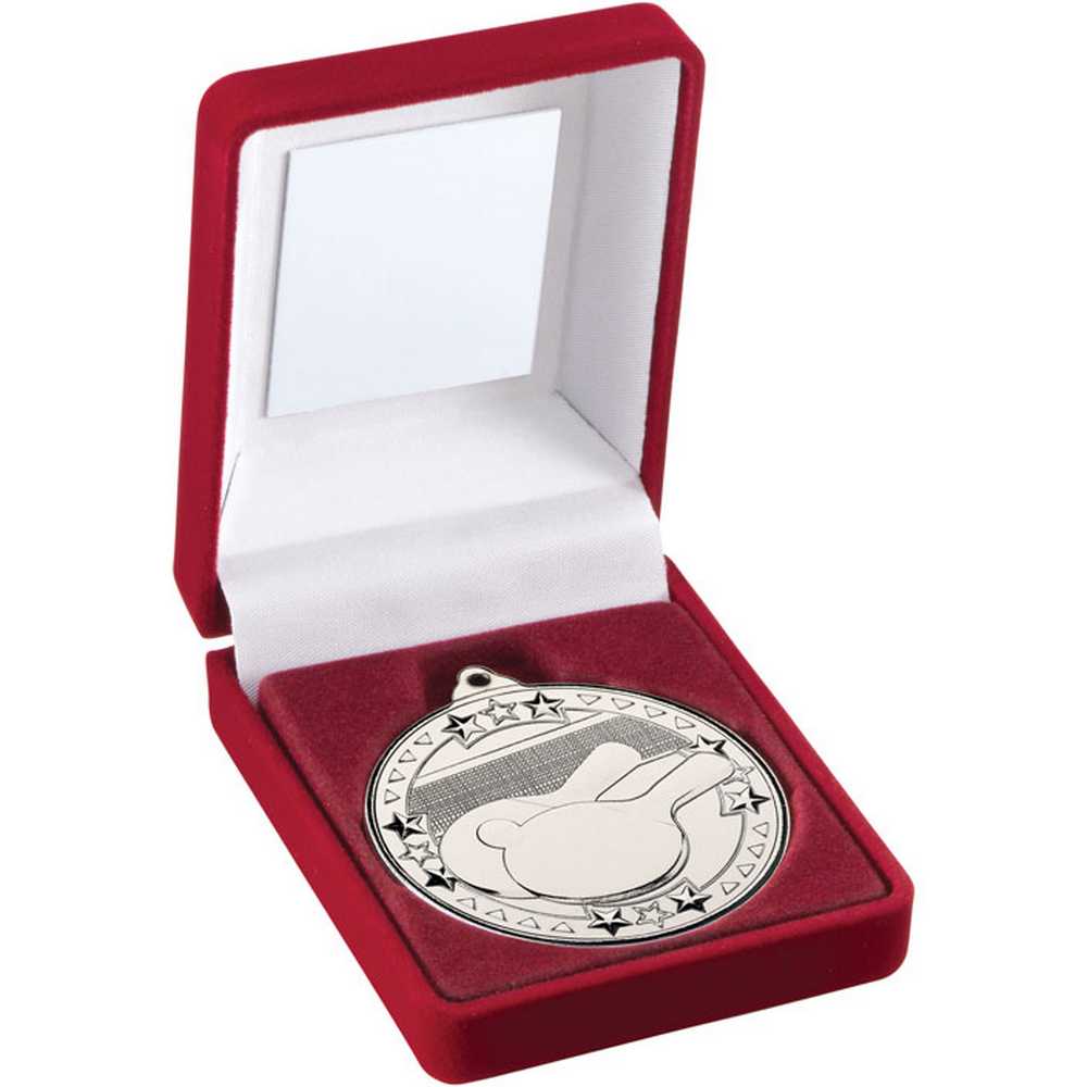 RED VELVET BOX AND 50mm MEDAL TABLE TENNIS TROPHY SILVER - 3.5in