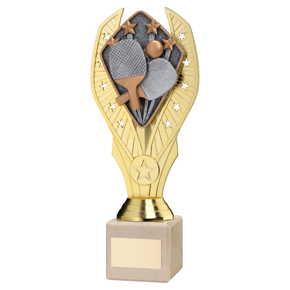 GOLD PLASTIC HOLDER + TABLE TENNIS DISC ON CREAM MARBLE TROPHY (1in CEN) - 11in