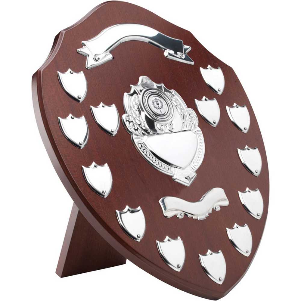MAHOGANY SHIELD WITH CHROME FRONTS AND 13 RECORD SHIELDS (1in CENTRE) - 14in