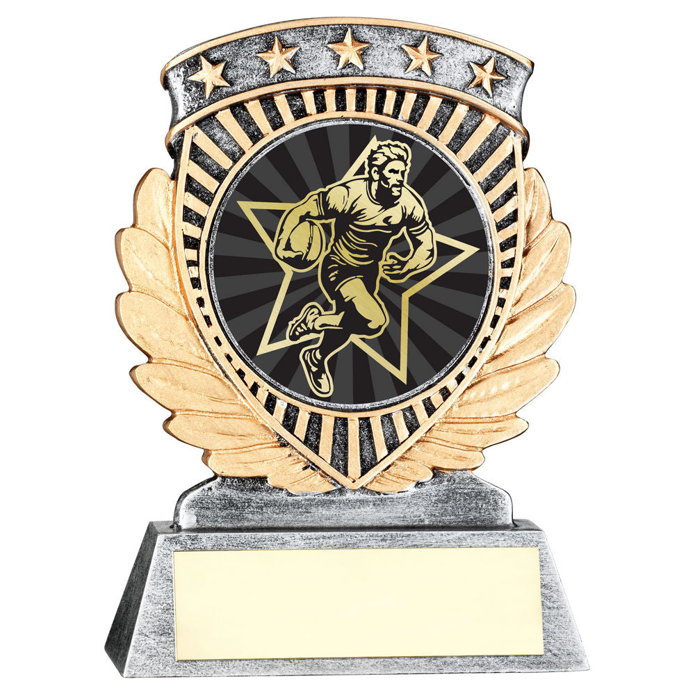 PEW/GOLD 5 STAR HOLDER WITH VINYL MALE RUGBY INSERT & PLATE - 3.75in