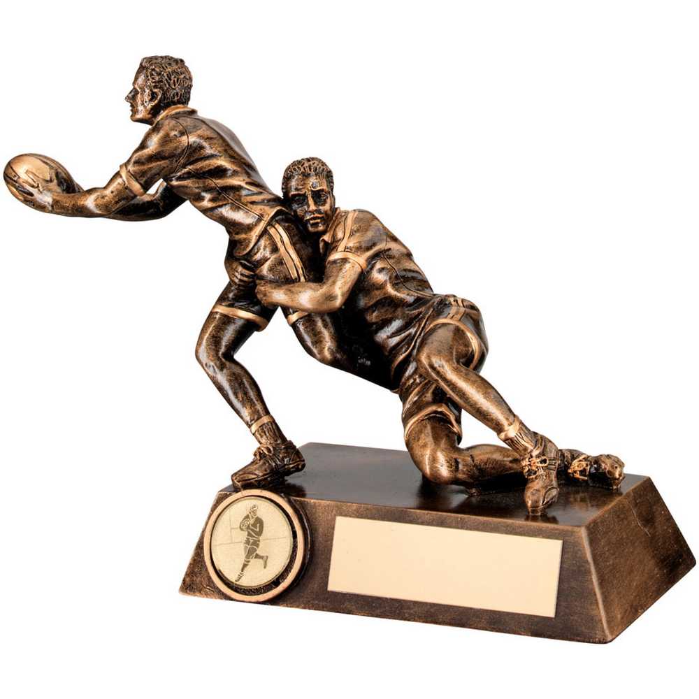 BRZ/GOLD DOUBLE RUGBY 'TACKLE' FIGURE WITH PLATE (1in CENTRE) - 5.75in