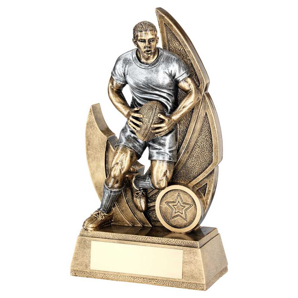 BRZ/PEW MALE RUGBY FIGURE ON BACKDROP WITH PLATE (1in CENTRE) - 7.25in