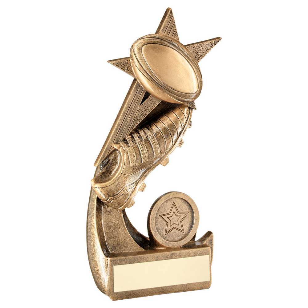 BRZ/GOLD RUGBY BALL AND BOOT ON SHOOTING STAR WITH PLATE (1in CENTRE) - 5.5in