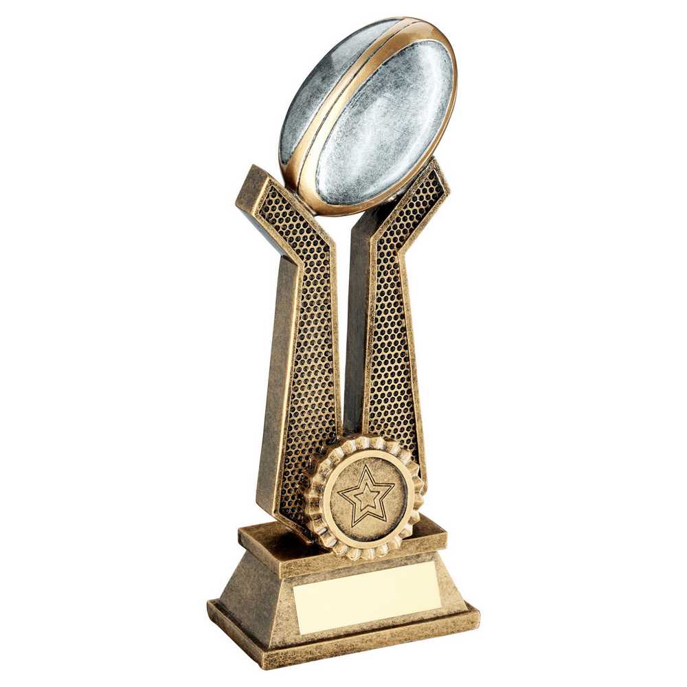 BRZ/PEW/GOLD RUGBY BALL ON TWIN PRONGS WITH PLATE (1in CENTRE) - 10in