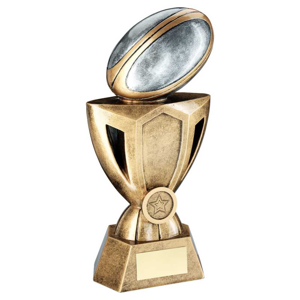 BRZ/PEW/GOLD RUGBY BALL ON CUP RISER WITH PLATE (1in CENTRE) - 8in