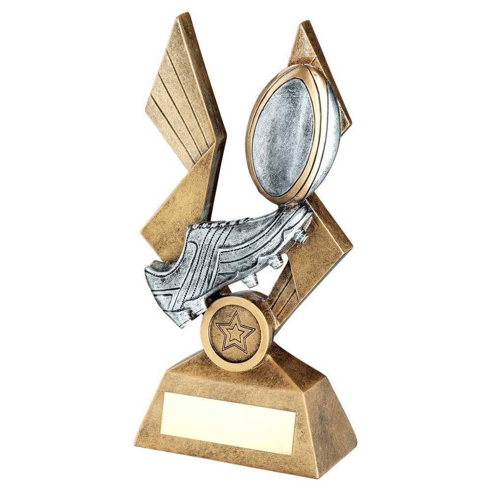 BRZ/PEW/GOLD RUGBY BALL AND BOOT ON POINTED BACKDROP WITH PLATE (1in CEN) - 10in