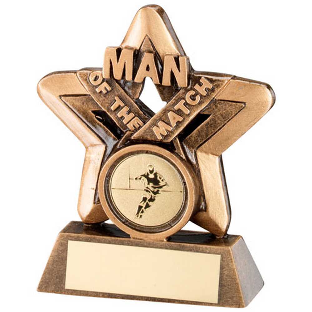 BRZ/GOLD MAN OF THE MATCH MINI STAR WITH RUGBY INSERT AND PLATE - 3.75in