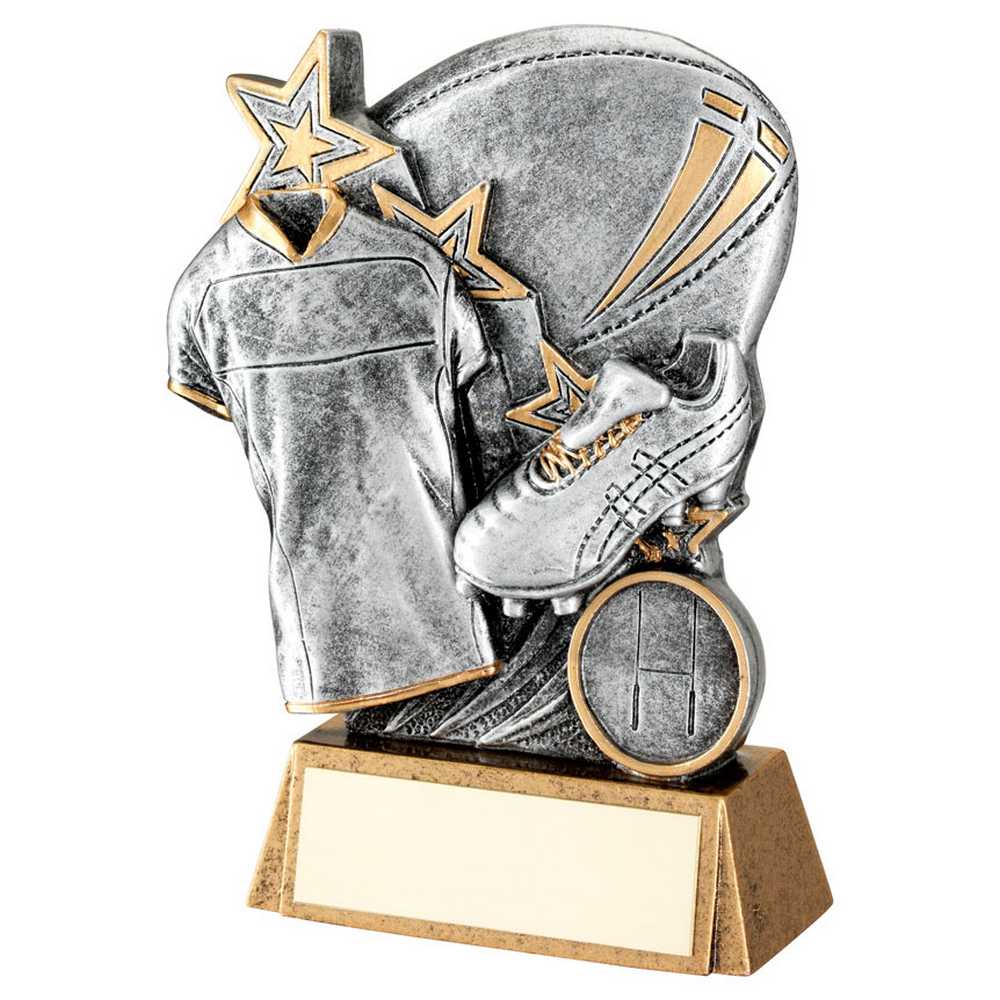 PEW/GOLD RUGBY BALL WITH BOOT/SHIRT ON BRZ BASE WITH PLATE (1in CEN) - 7.25"
