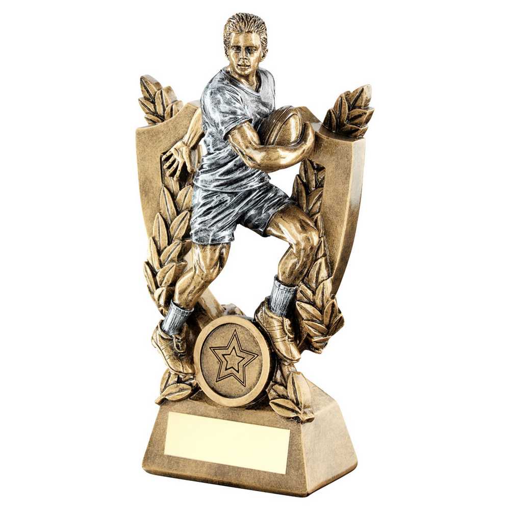 BRZ/PEW MALE RUGBY ON SHIELD AND WREATH WITH PLATE (1in CENTRE) - 8in