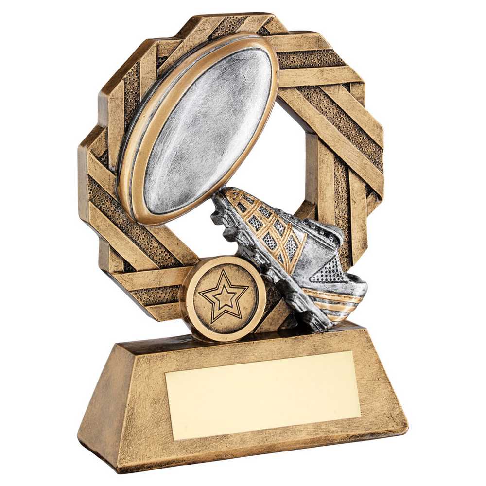 BRZ/PEW/GOLD RUGBY OCTO RIBBON SERIES WITH PLATE (1in CENTRE) - 7.5in