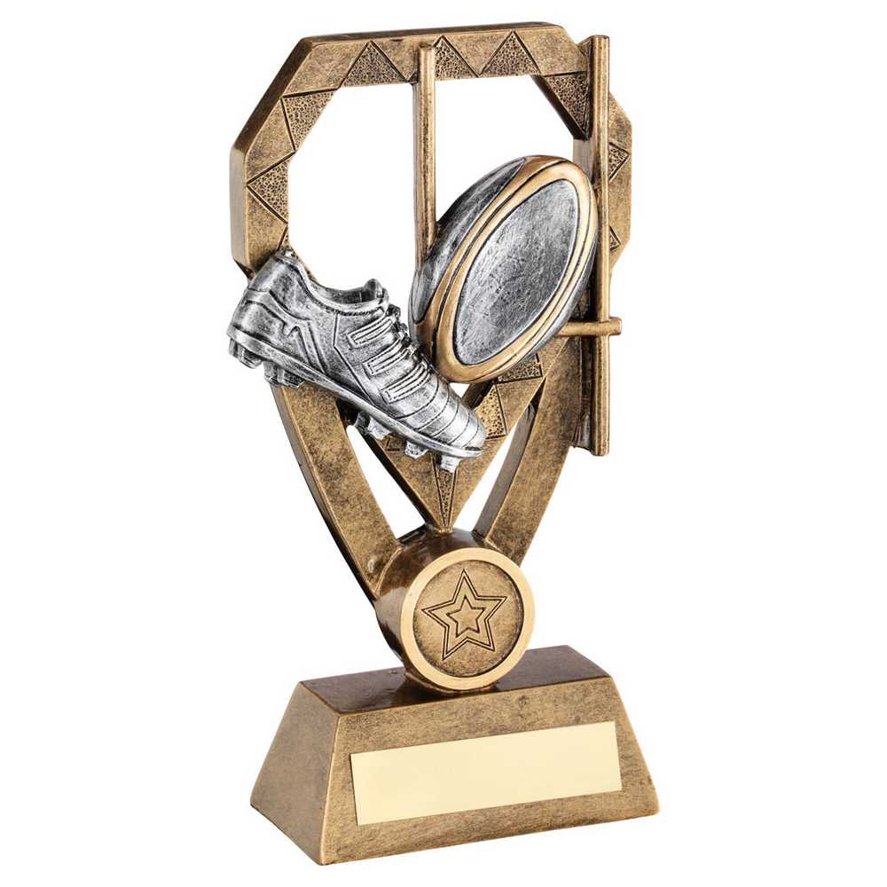 BRZ/PEW/GOLD RUGBY BOOT AND BALL & POSTS ON DIAMOND WITH PLATE (1in CEN) - 7in