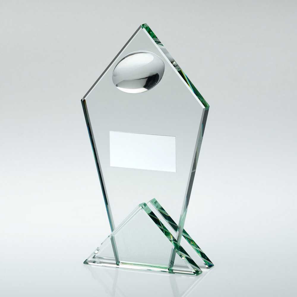 JADE GLASS POINTED PLAQUE WITH HALF RUGBY BALL AND PLATE - 5.75in