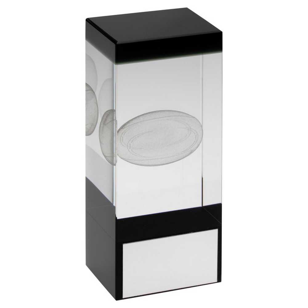 CLEAR/BLACK GLASS BLOCK WITH LASERED RUGBY IMAGE WITH PLATE - 4in