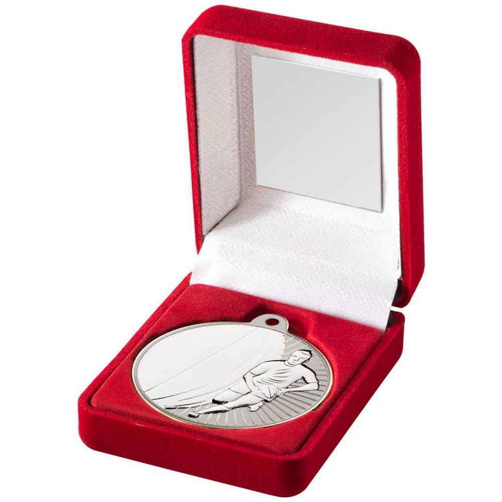 RED VELVET BOX AND 50mm RUGBY MEDAL TROPHY MATT SILVER/SILVER 3.5in