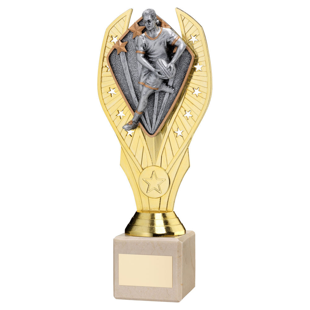 GOLD PLASTIC HOLDER + MALE RUGBY DISC ON CREAM MARBLE TROPHY (1in CEN) - 10in
