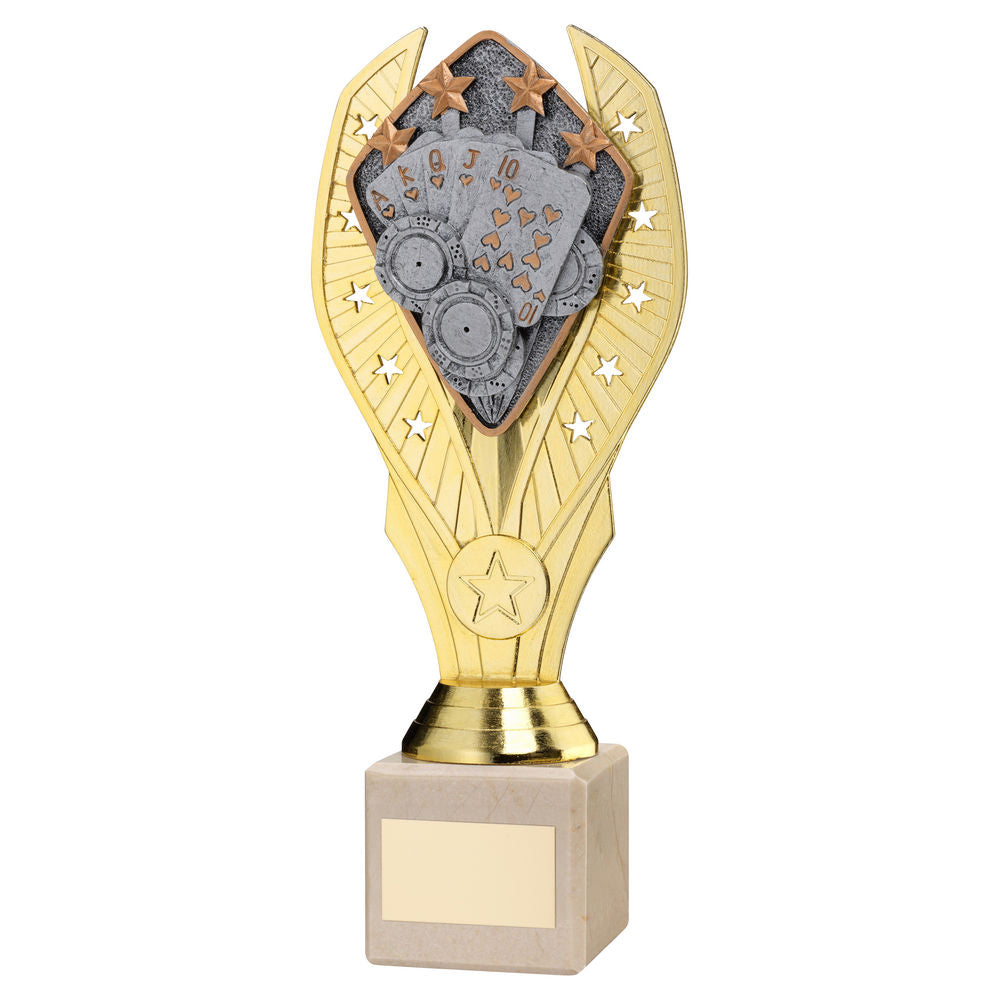 GOLD PLASTIC HOLDER + CARDS DISC ON CREAM MARBLE TROPHY (1in CEN) - 11in