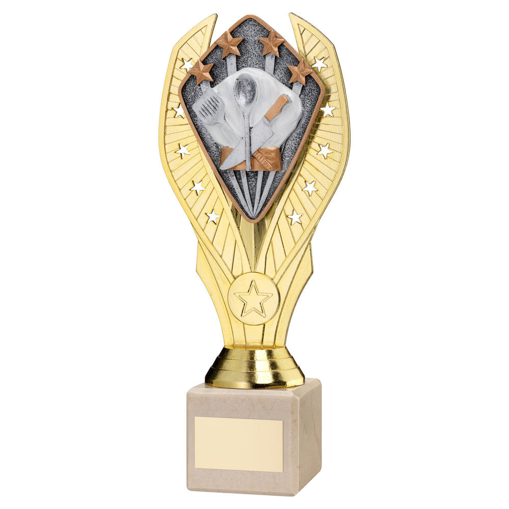 GOLD PLASTIC HOLDER + COOKING DISC ON CREAM MARBLE TROPHY (1in CEN) - 11in