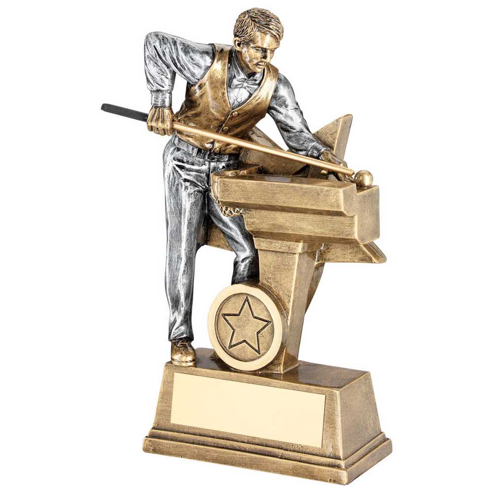 BRZ/PEW MALE POOL/SNOOKER FIGURE WITH STAR BACKING WITH PLATE (1in CENTRE) - 7in