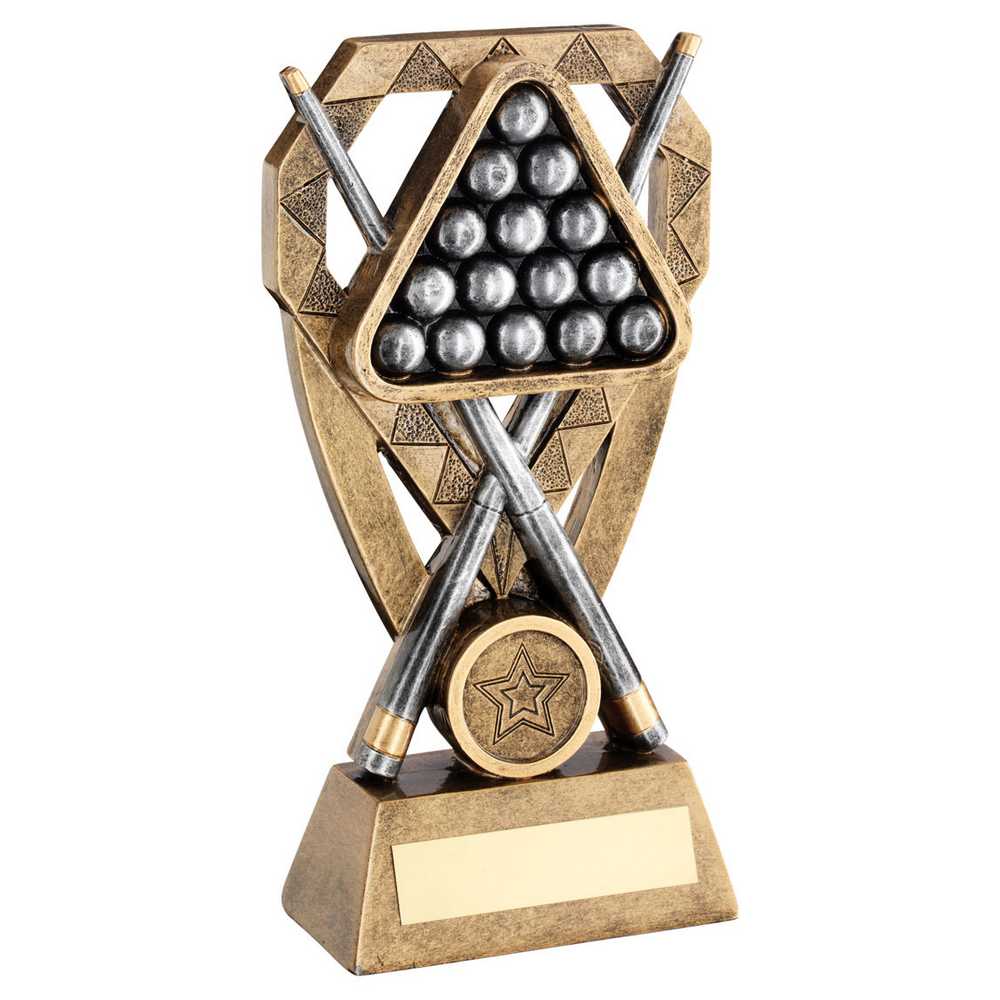 BRZ/PEW/GOLD POOL/SNOOKER BALLS WITH CUES ON DIAMOND WITH PLATE (1in CEN) - 6in