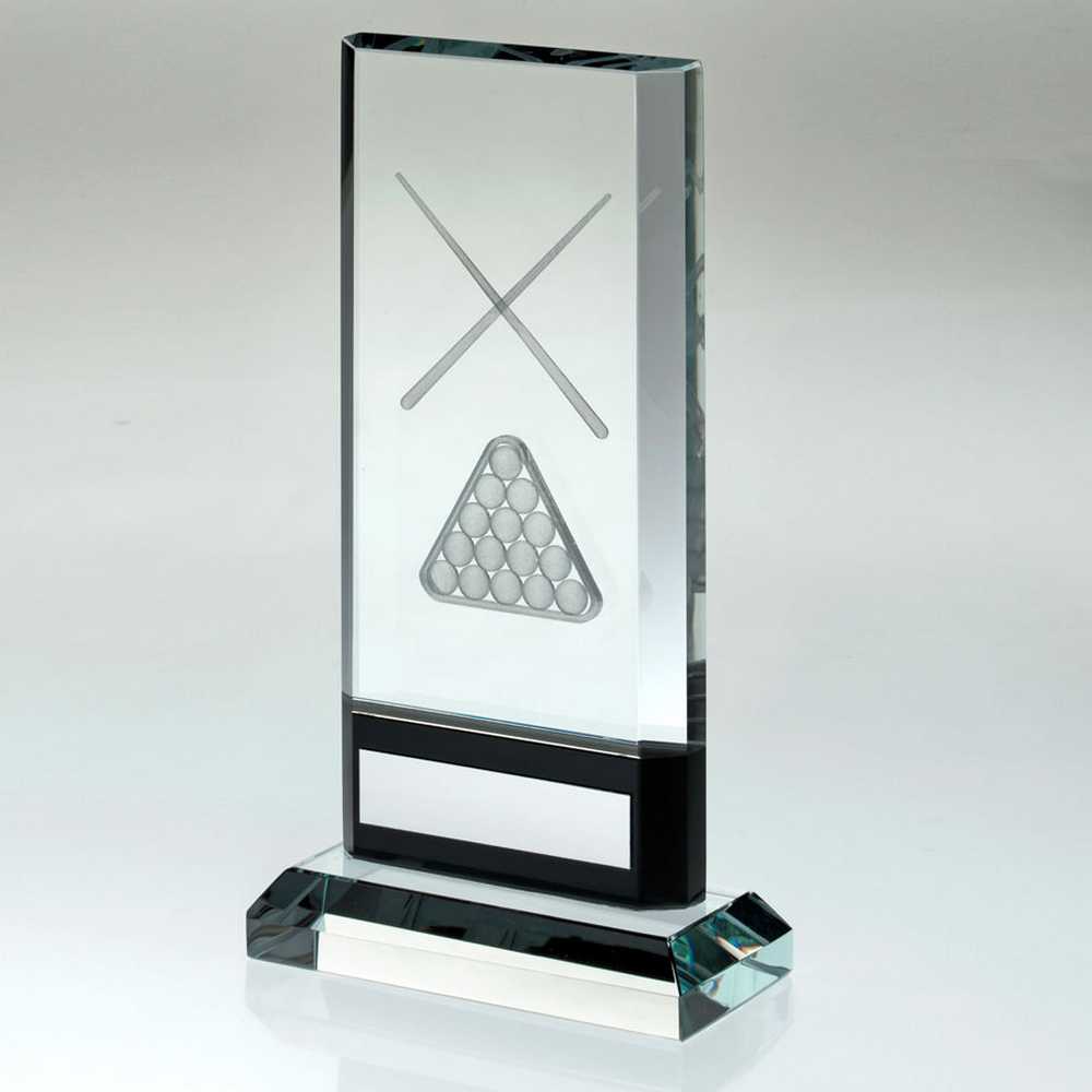 CLEAR/BLACK GLASS WITH LASERED POOL/SNOOKER IMAGE AND PLATE (15mm THICK) - 6.75"