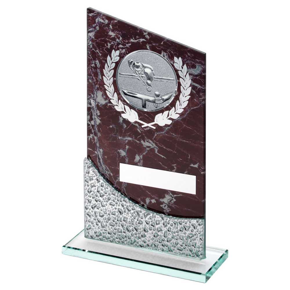 BROWN MARBLE PRINTED GLASS PLAQUE WITH POOL/SNOOKER INSERT AND PLATE - 9in