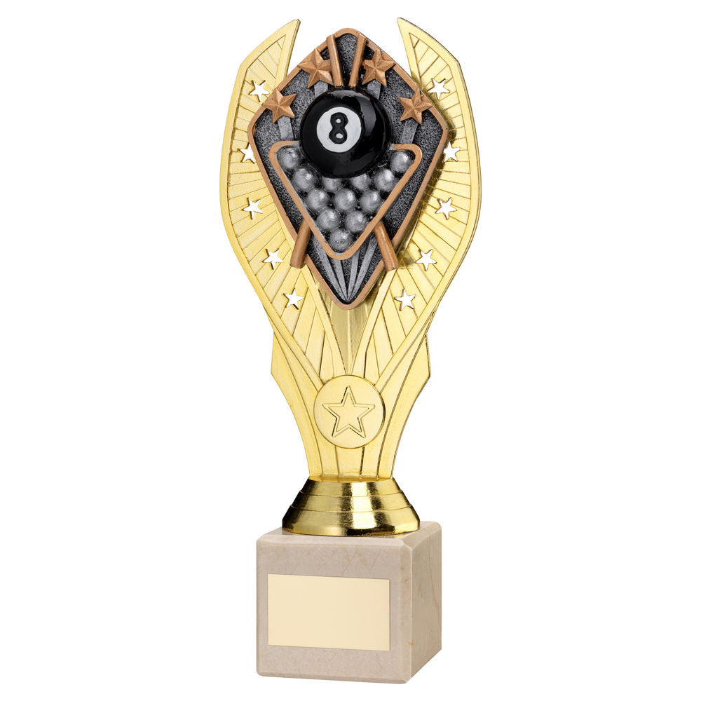 GOLD PLASTIC HOLDER + POOL DISC ON CREAM MARBLE TROPHY (1in CEN) - 11in