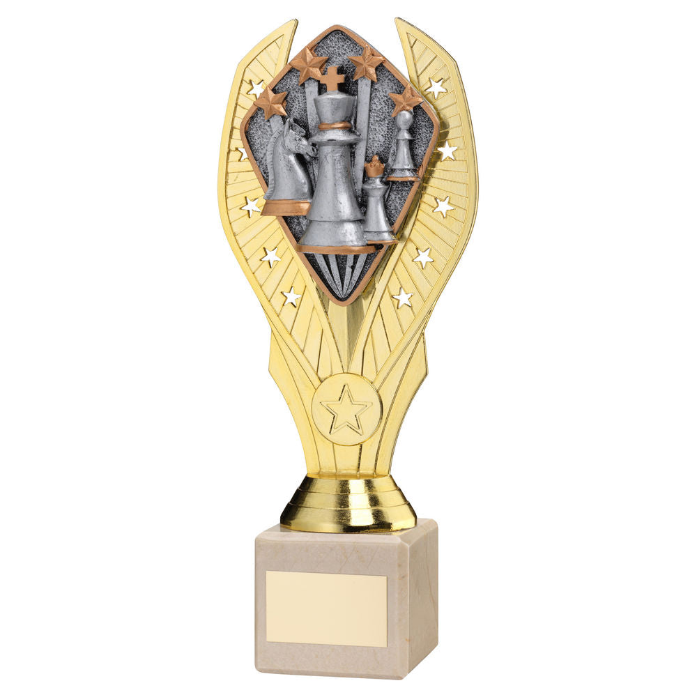 GOLD PLASTIC HOLDER + CHESS DISC ON CREAM MARBLE TROPHY (1in CEN) - 11in
