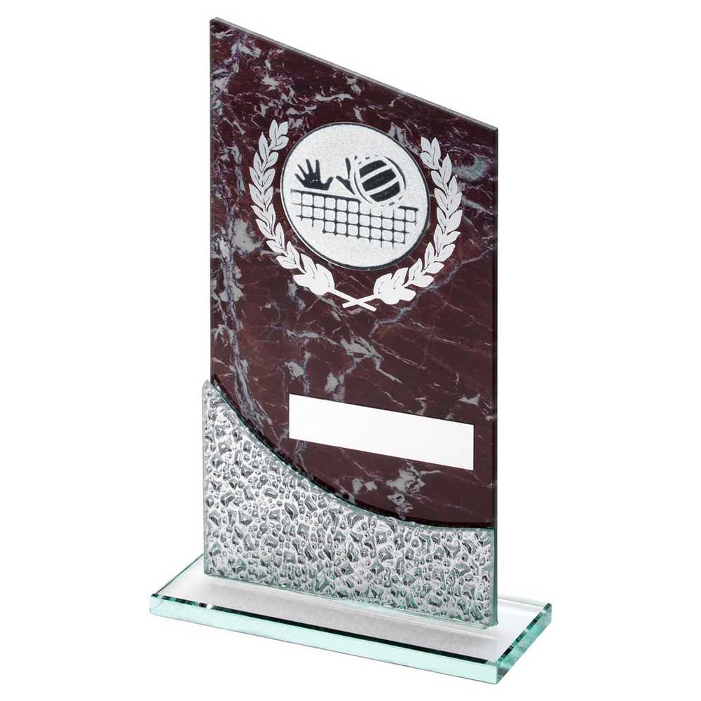 BROWN MARBLE PRINTED GLASS PLAQUE WITH VOLLEYBALL INSERT AND PLATE - 7.5in