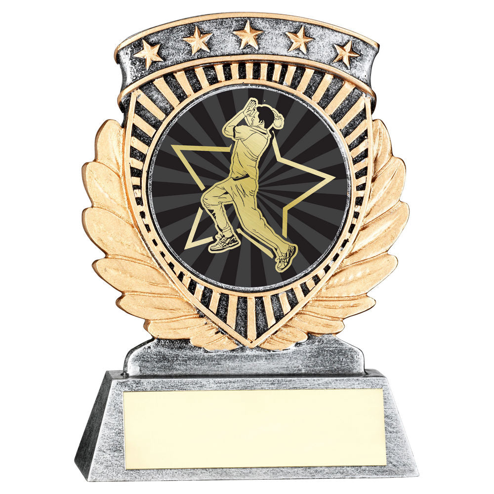 PEW/GOLD 5 STAR HOLDER WITH VINYL CRICKET BOWLER INSERT & PLATE - 4.5in
