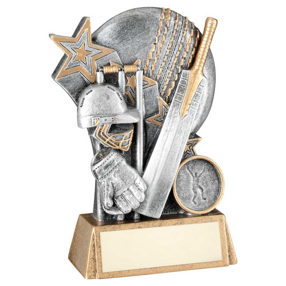PEW/GOLD CRICKET BALL WITH BAT/STUMPS ON BRZ BASE WITH PLATE (1in CEN) - 6.25"