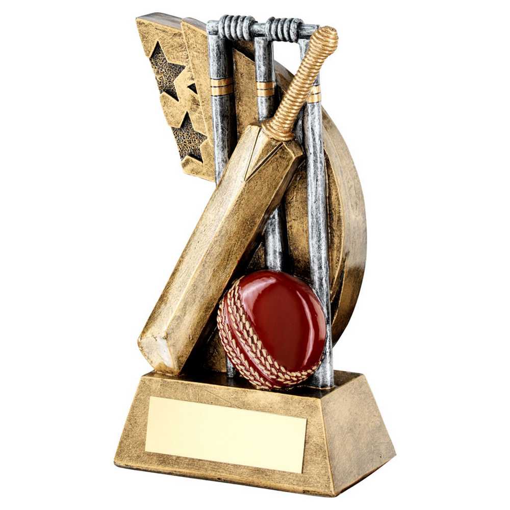 BRZ/PEW/RED CRICKET STUMPS/BAT/BALL ON STAR SWOOSH WITH PLATE - 6.25in
