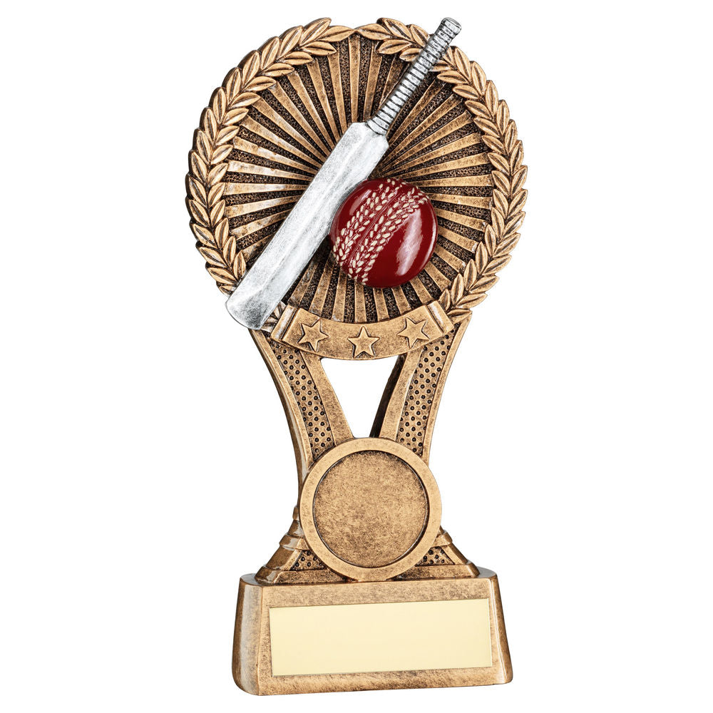 BRZ/GOLD/PEW CRICKET ROUND WREATH ON V RISER WITH PLATE (1in CEN) - 5in