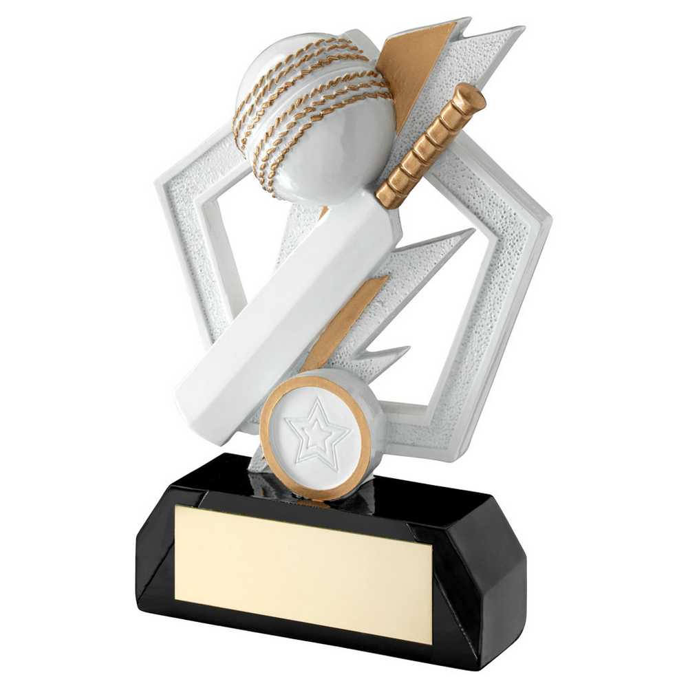WHITE/GOLD/BLACK CRICKET BAT AND BALL ON PENTAGON WITH PLATE (1in CEN) - 6.5"