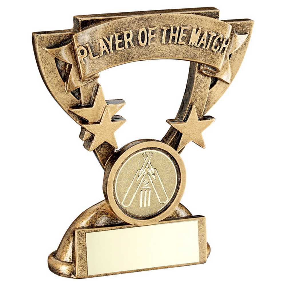 BRZ/GOLD PLAYER OF THE MATCH MINI CUP WITH CRICKET INSERT AND PLATE - 3.75in