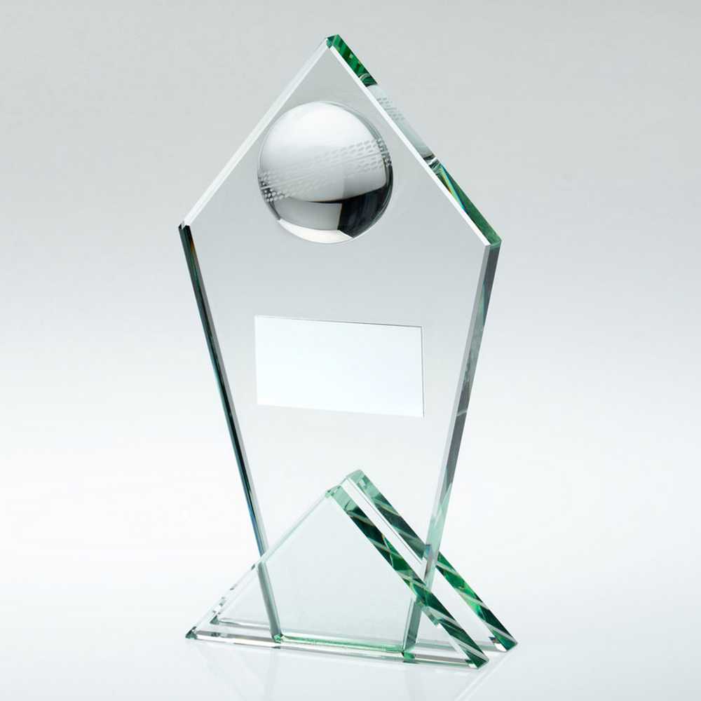 JADE GLASS POINTED PLAQUE WITH HALF CRICKET BALL AND PLATE - 8.5in