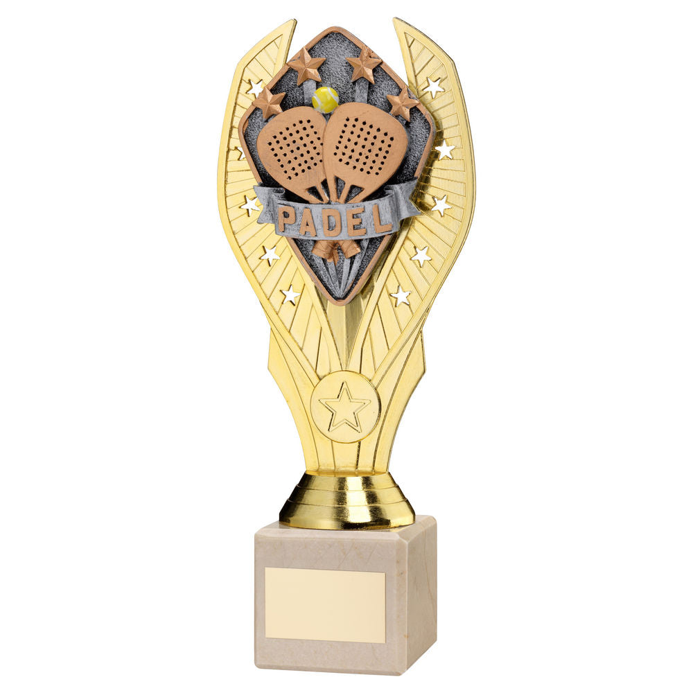 GOLD PLASTIC HOLDER + PADEL DISC ON CREAM MARBLE TROPHY (1in CEN) - 11in