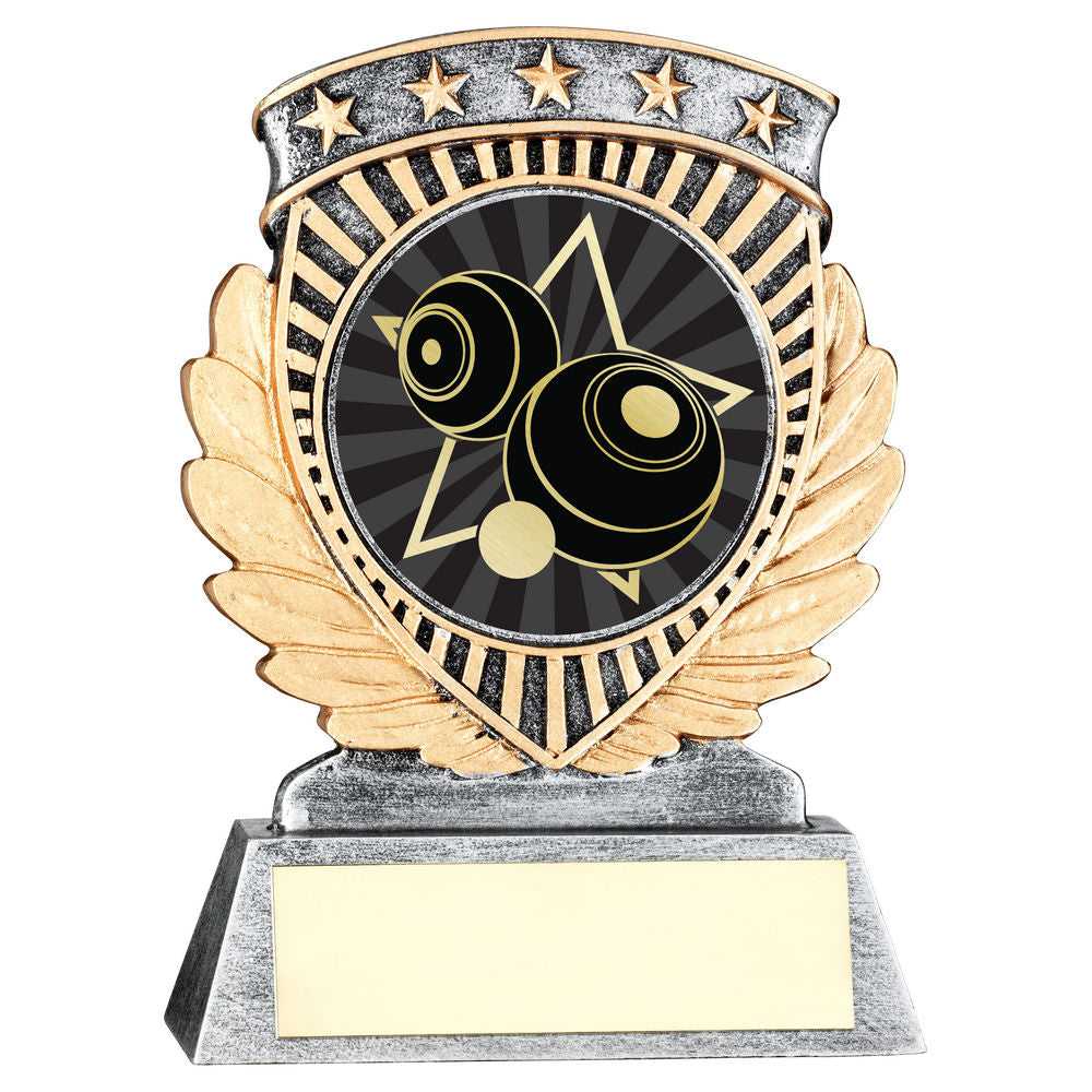 PEW/GOLD 5 STAR HOLDER WITH VINYL LAWN BOWLS INSERT & PLATE - 4.5in