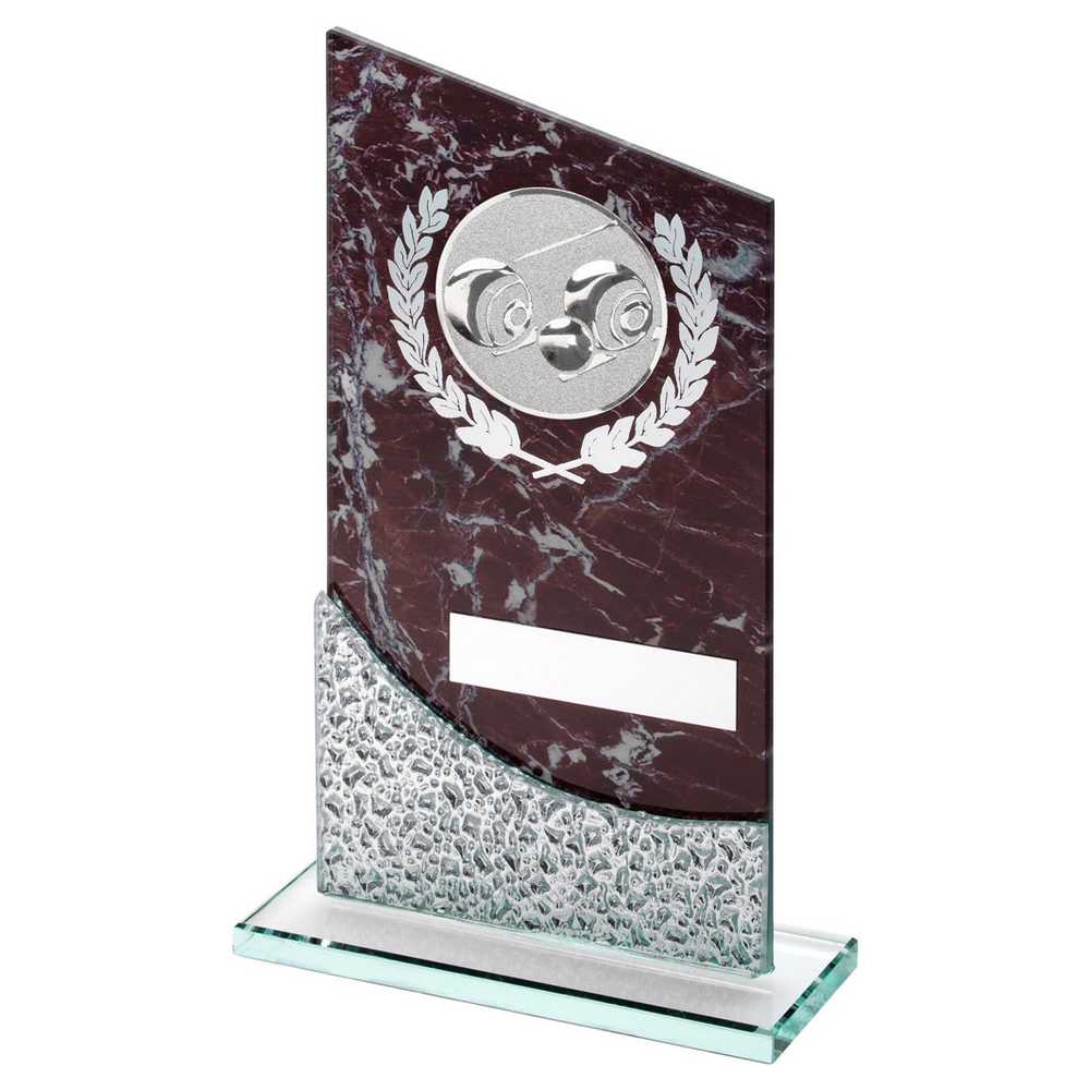 BROWN MARBLE PRINTED GLASS PLAQUE WITH LAWN BOWLS INSERT AND PLATE - 8.25in