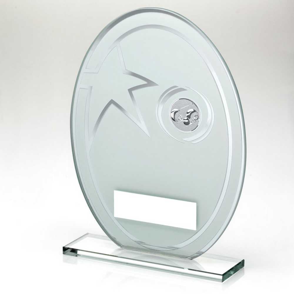 WHITE/SILVER PRINTED GLASS OVAL WITH LAWN BOWLS INSERT AND PLATE - 8in
