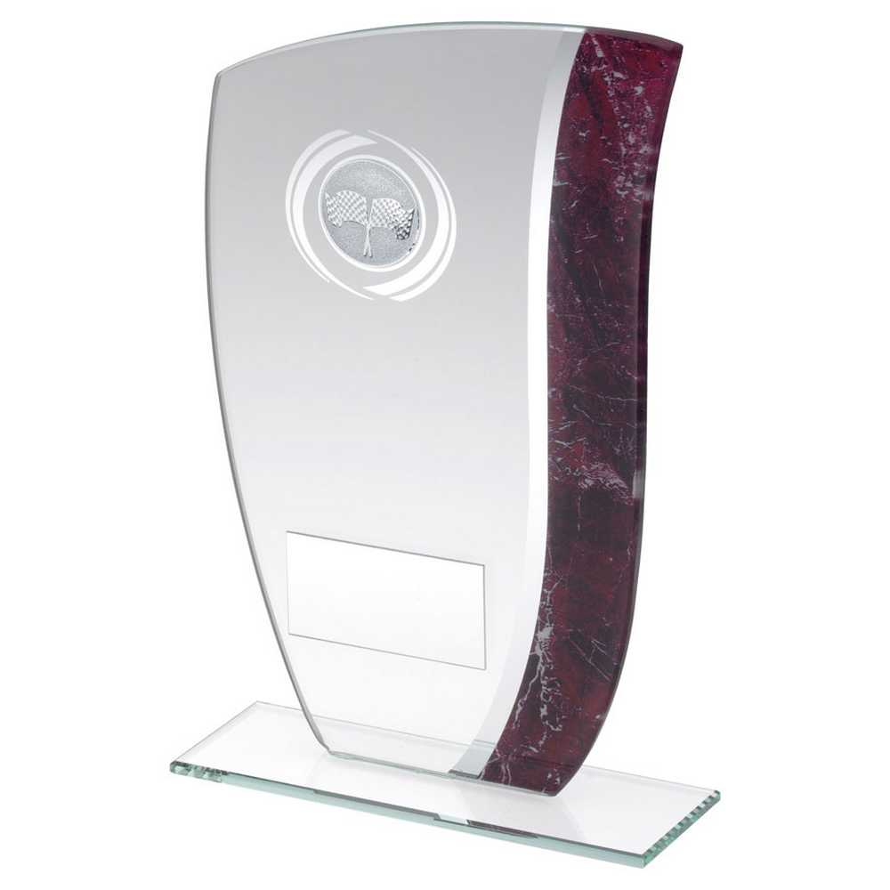 JADE GLASS CLARET/SILVER MARBLE DETAIL WITH MOTOR SPORT INSERT AND PLATE - 8"