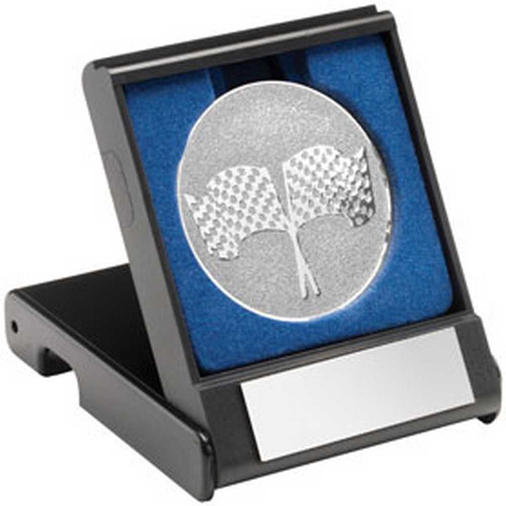BLACK PLASTIC BOX WITH CROSSED FLAGS INSERT SILVER - 3.5in