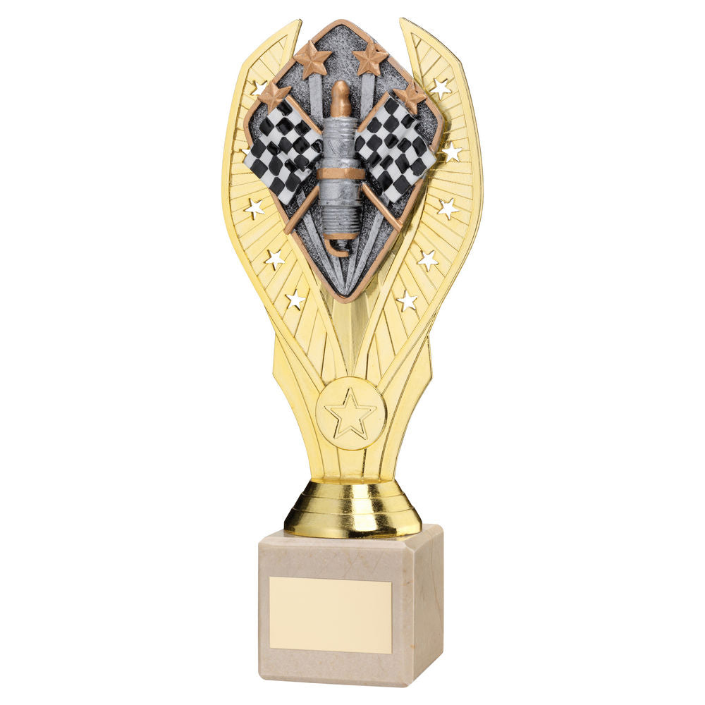 GOLD PLASTIC HOLDER + MOTOR SPORT DISC ON CREAM MARBLE TROPHY (1in CEN) - 11in