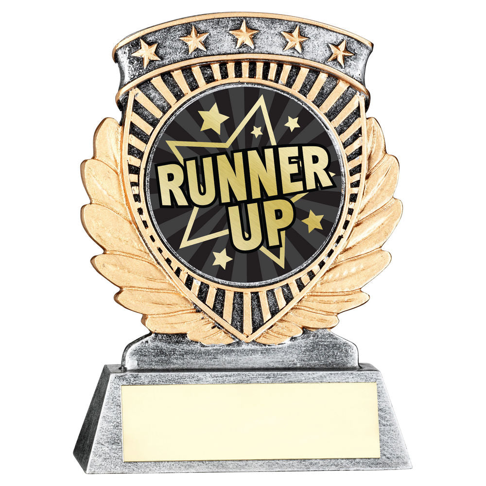 PEW/GOLD 5 STAR HOLDER WITH VINYL RUNNER UP INSERT & PLATE - 4.5in
